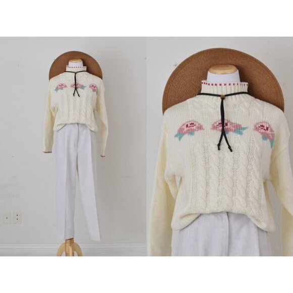 Vintage 90s  Beige Mock-neck Acrylic Floral‎ Sweater size L - Picture 1 of 10